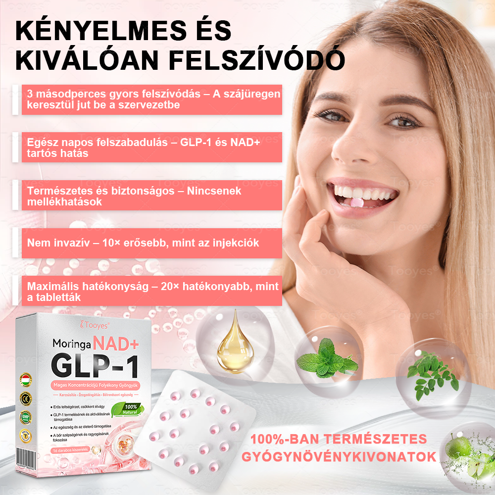Tooyes® GLP-1 Magas Koncentrációjú Folyékony Gyöngyök - NAD+, Moringa, HCA összetevőkkel (Fogyás, Öregedésgátlás, Bél- és Immunrendszer támogatás, Vércukorszint egyensúly, Szív- és Agyegészség)