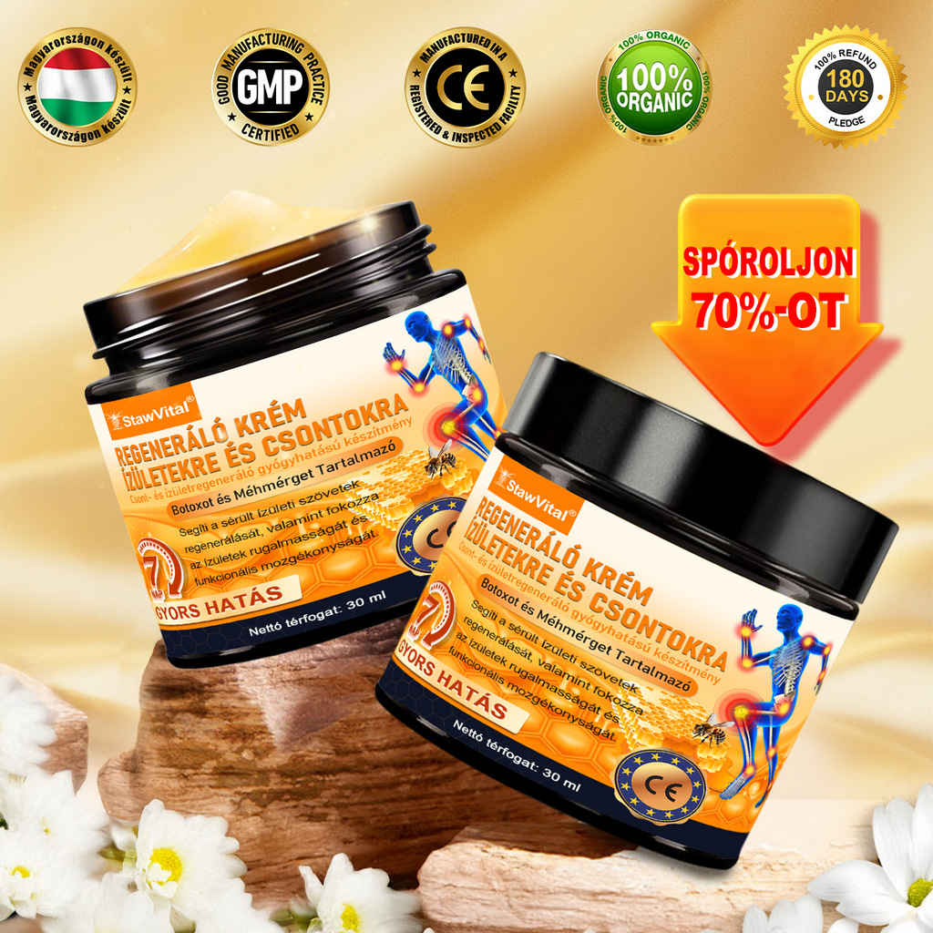 StawVital® Botoxot ésMéhmérget TartalmazóRegenerÃ¡ló KrÃém iz¼letekre ésCsontokra lMOT(MagyarOrtopéd Társaság) általtanúsitott termék