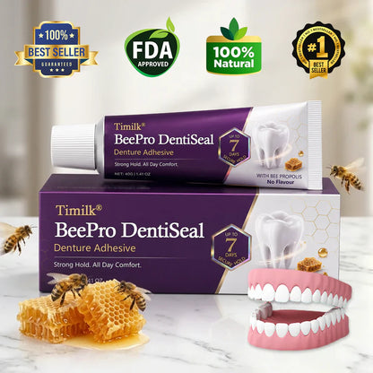 Timilk® BeePro DentiSeal Denture Adhesive🦷🐝💜 FDA Certified (Clinically Proven 96-Hour Lock Hold with Bee Propolis Gum Comfort for Secure, Comfortable & Zinc-Free Denture Fit)