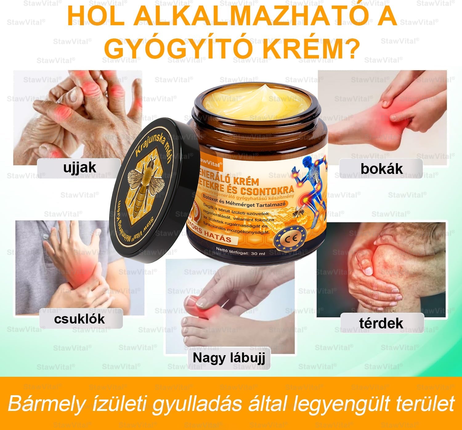 StawVital® Botoxot ésMéhmérget TartalmazóRegenerÃ¡ló KrÃém iz¼letekre ésCsontokra lMOT(MagyarOrtopéd Társaság) általtanúsitott termék