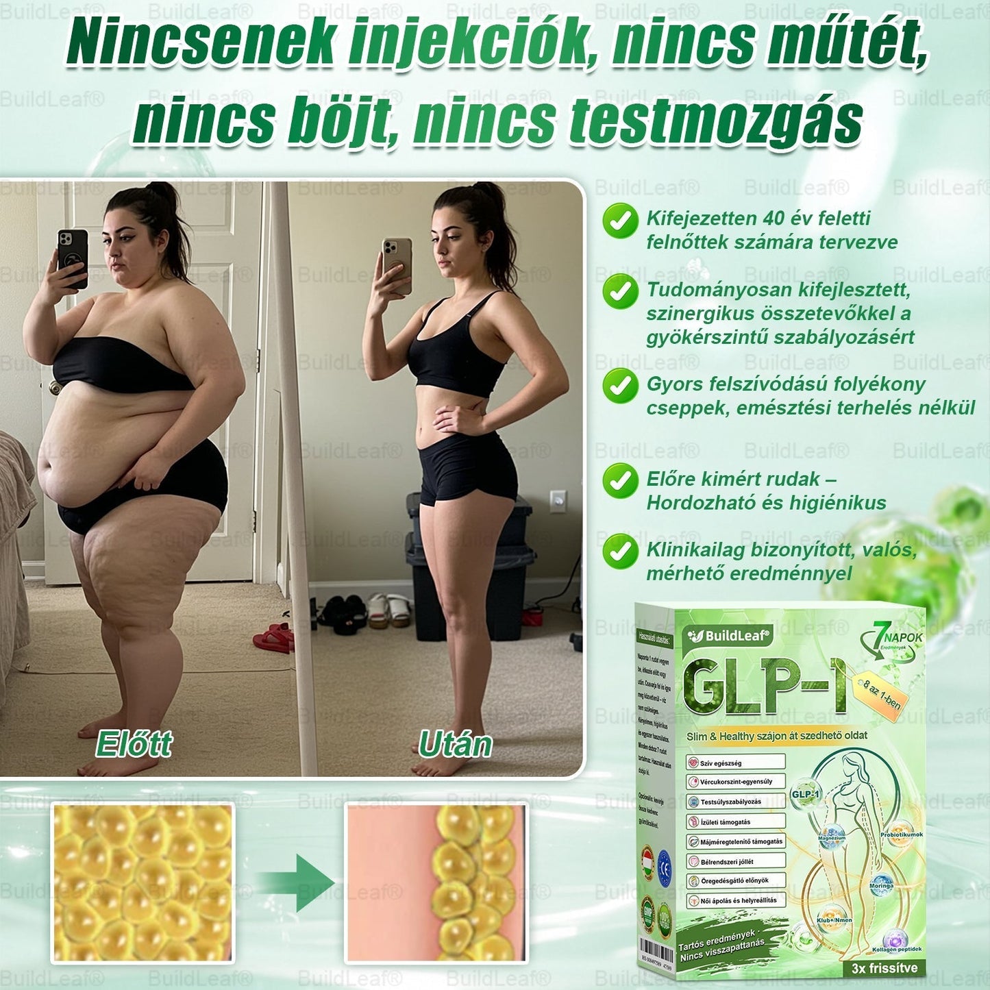 BuildLeafe® GLP-1 8-in-1 Fit & Vital Szájhigiéniai oldat Alkalmas elhízás, szív- és érrendszeri egészség, cukorbetegség, alvási apnoe, bélrendszeri egészség, ízületiproblémák és egyéb egészségügyi igények esetén